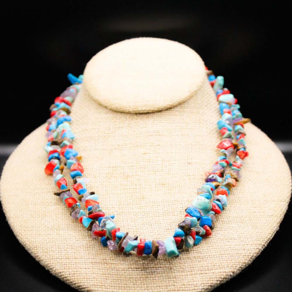 Vintage ATI 925 Sterling Silver Multi Gemstone Double Strand Beaded Necklace